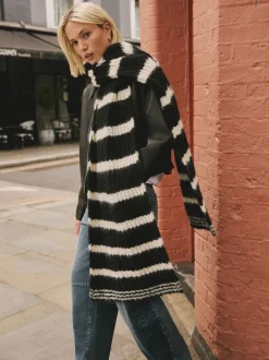 Zwart/wit - Knitted Wool Blend Striped Scarf