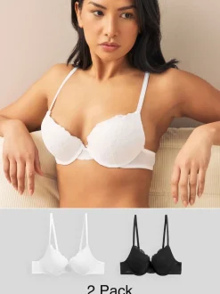 Zwart/wit - Set van 2 push-up beha's met lage decolleté en kant
