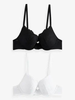 Zwart/wit - Set van 2 push-up beha's met lage decolleté en kant
