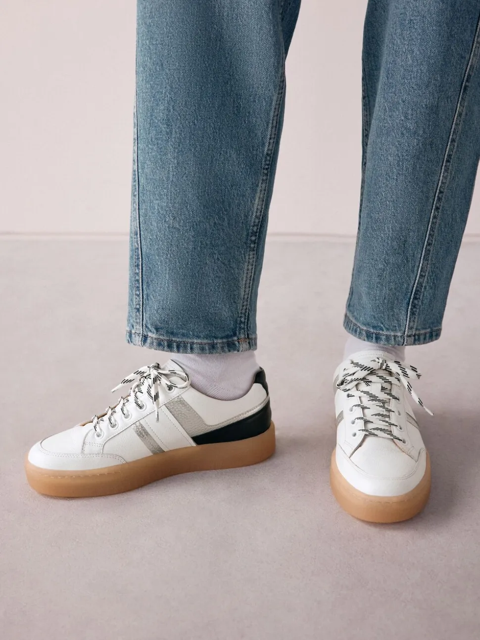 Zwart/wit - Signature Premium Leather Chunky Side Stripe Lace Up Trainers