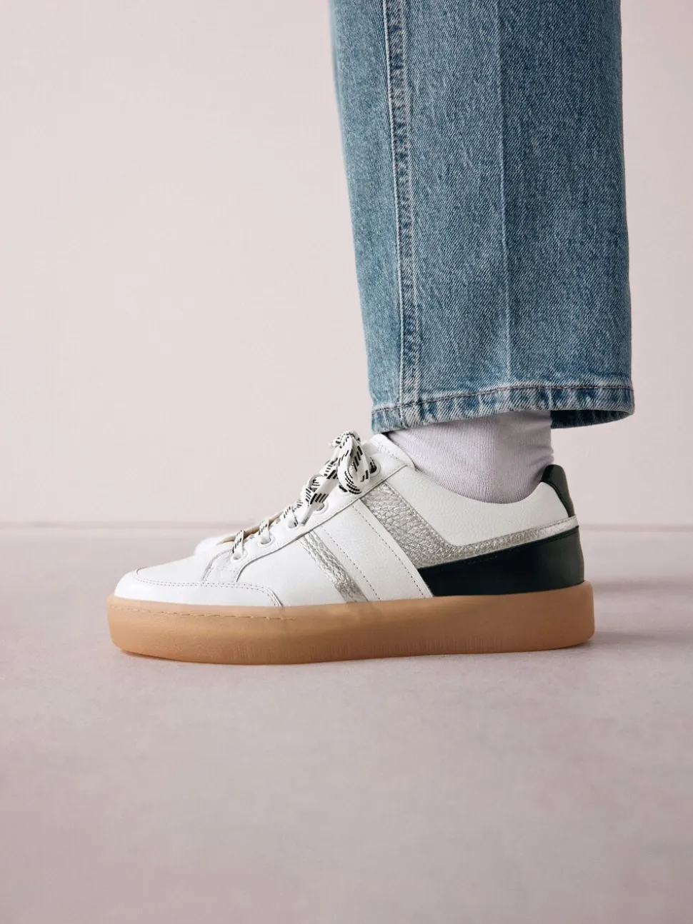 Zwart/wit - Signature Premium Leather Chunky Side Stripe Lace Up Trainers