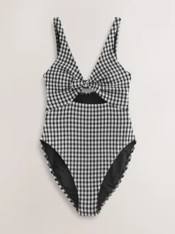 Zwart/wit gekreukte gingham-ruit - Uitgesneden plooi buik controle Zwempak