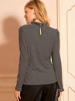 Zwart-wit gestreept - Love & Roses jersey top met ruches aan de hals en lange mouwen