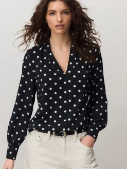 Zwart-wit met stippen - Blouse met V-hals en lange mouwen