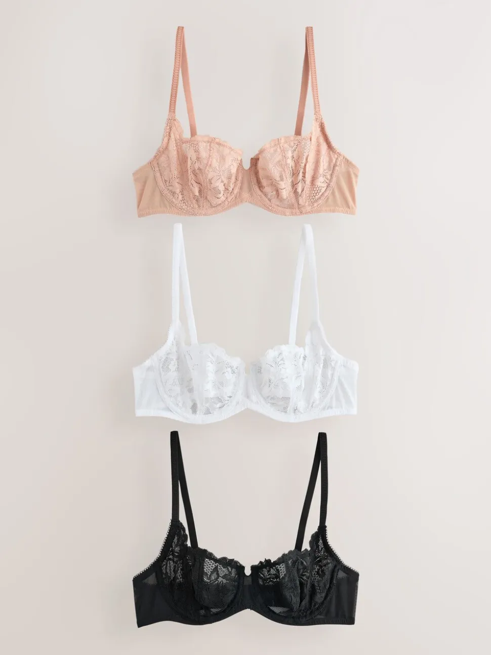 Zwart/wit/nude - Non Pad Lace Balcony Bras 3 Pack