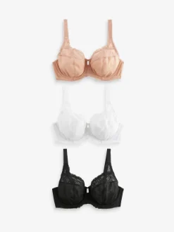 Zwart/wit/praline huidskleur - DD+ Beha's met volledige cups zonder vulling, set van 3 met kantversiering