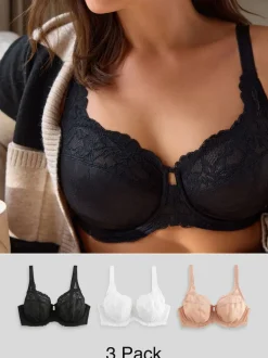 Zwart/wit/praline huidskleur - DD+ Beha's met volledige cups zonder vulling, set van 3 met kantversiering