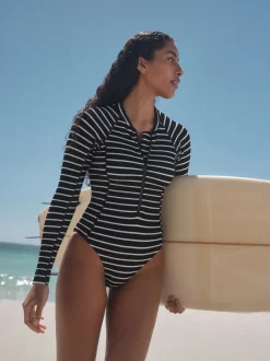 Zwart-witte streep - Surfbadpak met lange mouwen